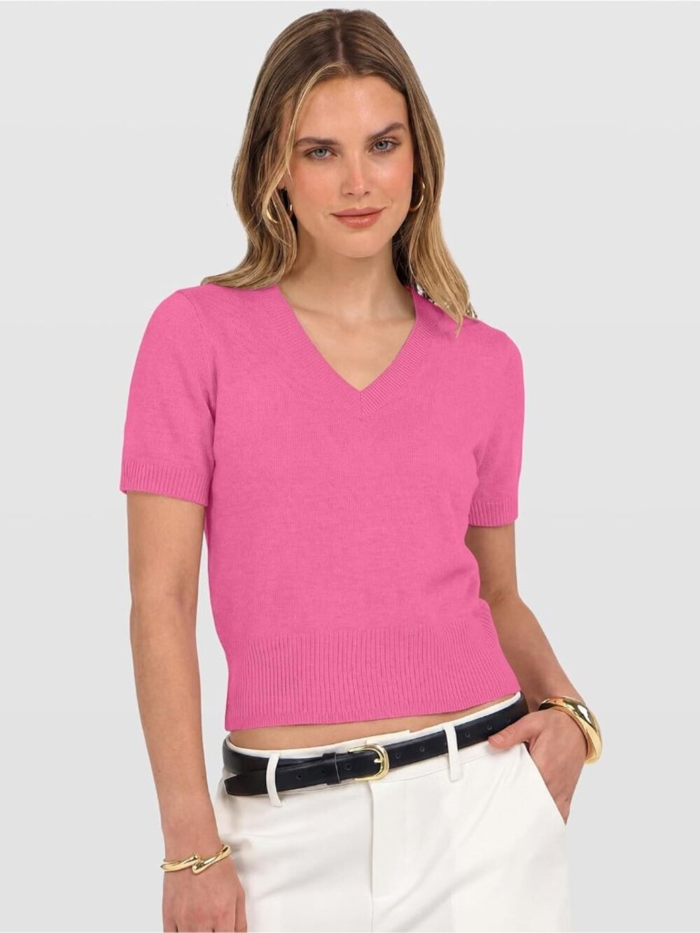 〽️Women Hot Pink Short Sleeve V Neck Business Casual Lightweight Cropped Sweater